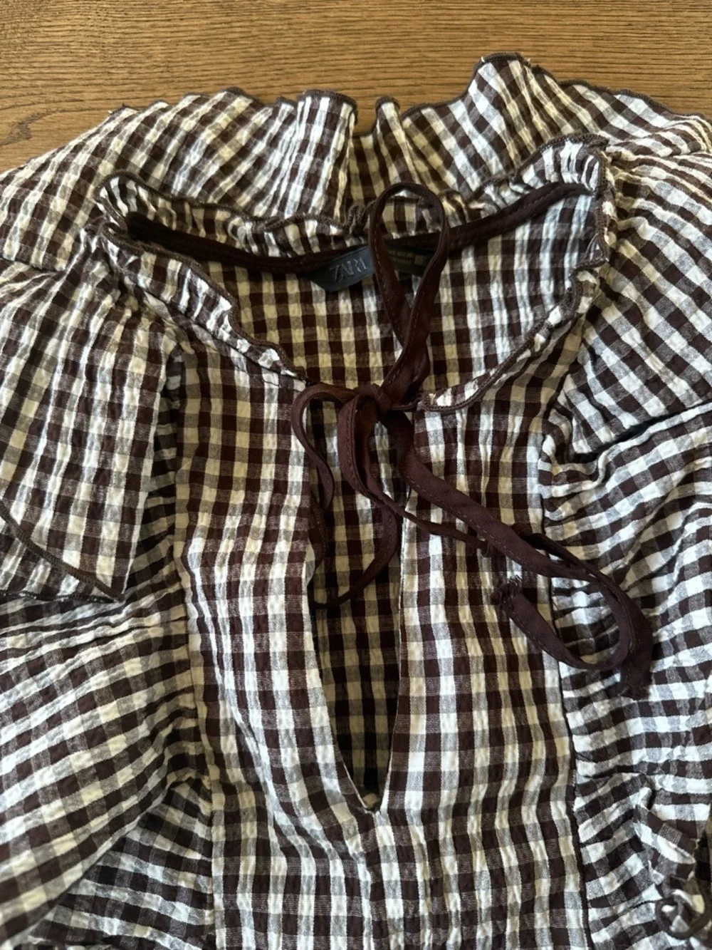 Zara Brown White Gingham Ruffle Shirt Top Sz S - Picture 12 of 14